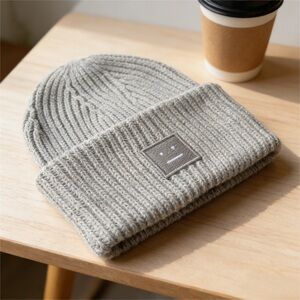 Acne Ribbed Beanie Hat - Light Gray